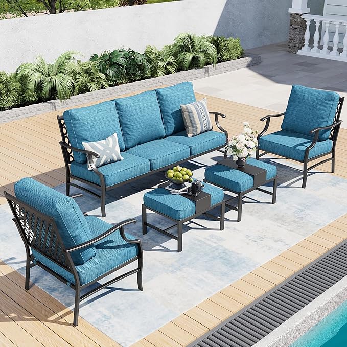 5 Piece Metal Outdoor Patio Furniture Set, Patio Conversation Sets 3-seater Sofa, 2 Fixed Chair, 2 Ottomans with 5.75" Thick Cushion, Black All-weather Frame Backyard Furniture, Blue-2