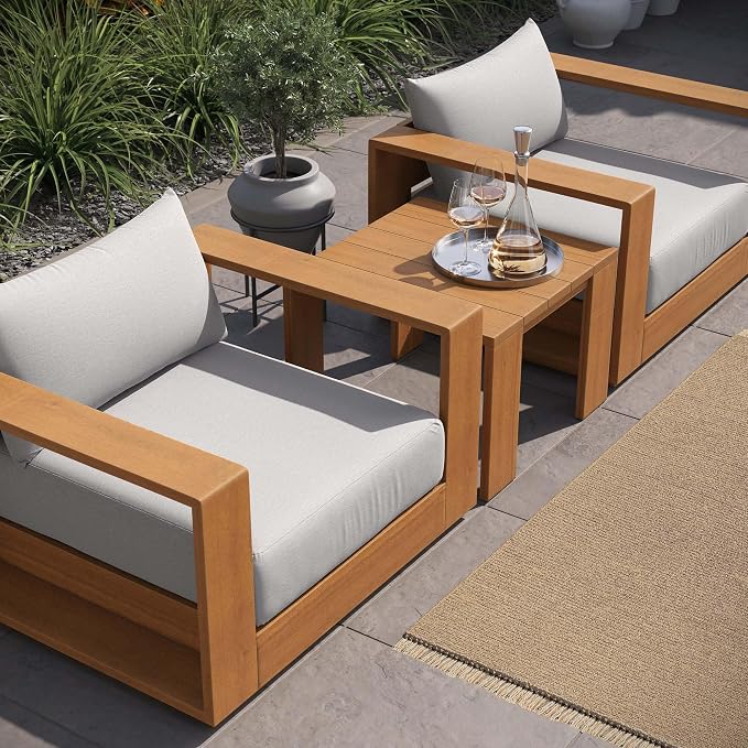 Modway Tahoe Acacia Wood 3-Piece Outdoor Patio Furniture Set in Natural Light Gray - Includes 2 Lounge Chairs with Weather-Resistant Cushions and Side Table