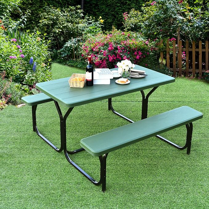 LDAILY Picnic Tables, Rectangular Picnic Table with Steel Frame, 2 Benches Set, HDPE Tabletop, Plastic Picnic Table for Outdoor, Camping, Patio, Lawn, Yard, Picnic Parties (Green)