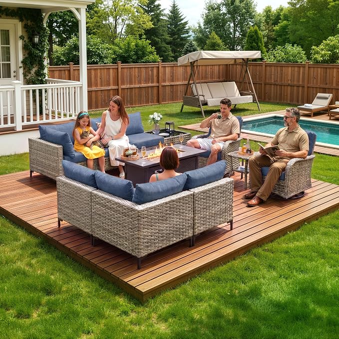 CAODOC 11-Piece Outdoor Sectional Sofa Set w/ 54" Fire Pit – L-Shaped Wicker Patio Furniture, Deep Seating & Swivel Rockers,Light Blue