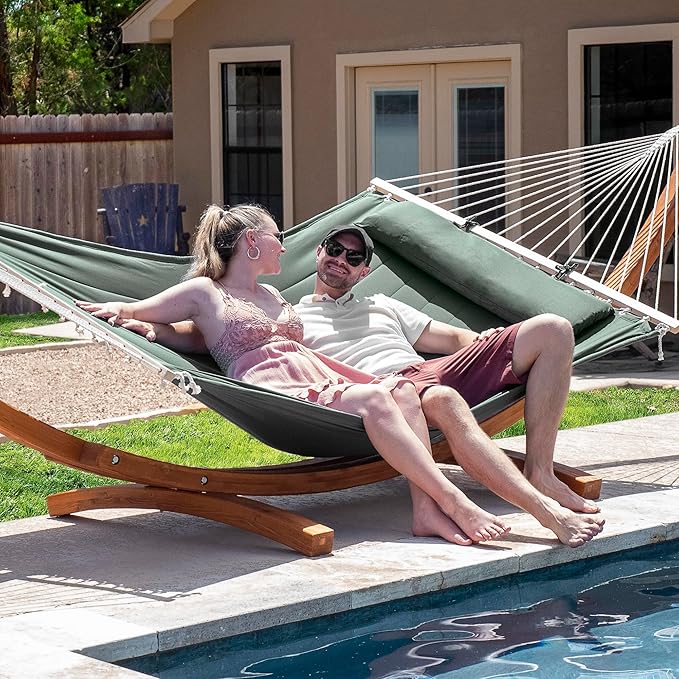 SUNCREAT Hammocks for Outside with Stand, Hammock Cover, Extra Large Double Hammock with Wooden Stand, Gray Green