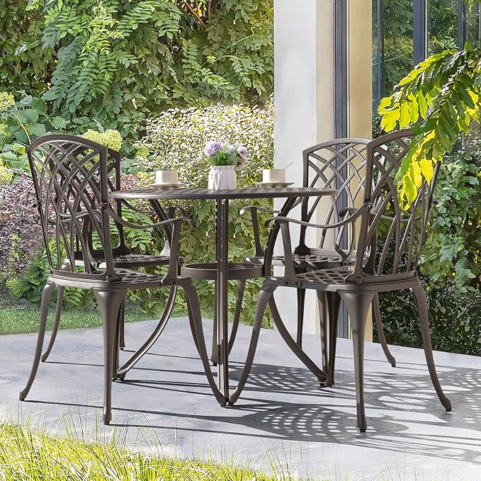 NUU GARDEN 5 Piece Patio Dining Set, 33" Round Cast Aluminum Dining Table with 1.97" Umbrella Hole and 4 Patio Dining Chairs for Backyard, Patio, Garden, Balcony, Brown with Gold Point