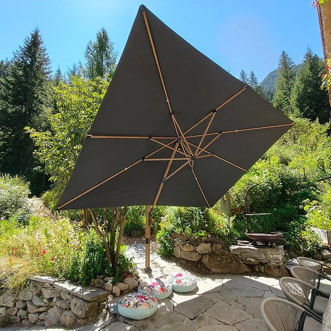 PURPLE LEAF 10‘ x 13’ Rectangle Patio Cantilever Umbrella Large Hanging Umbrella Teak Finished Aluminum Frame Windproof Offset Outdoor Sun Umbrellas for Beach Pool Deck, Grey