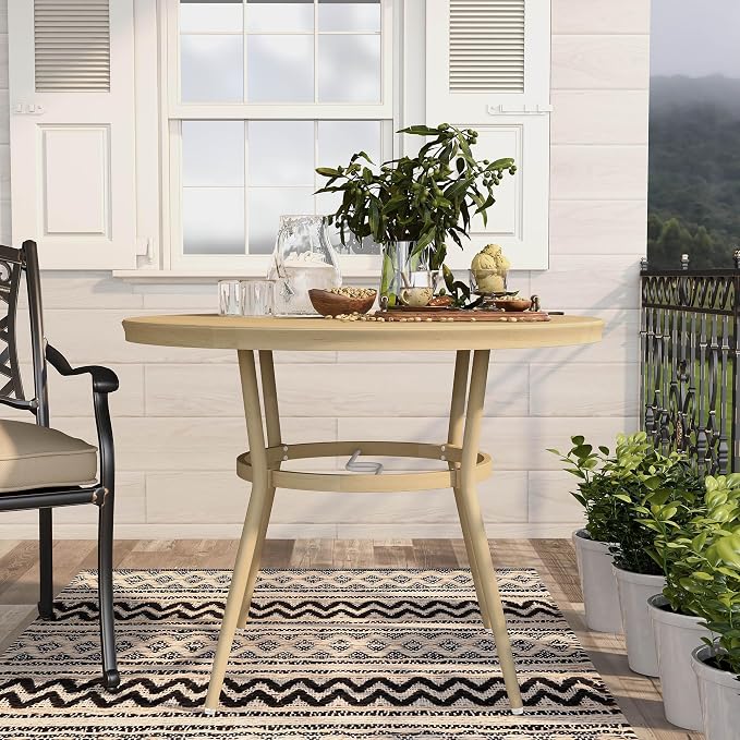24/7 Shop at Home Cato Modern Aluminum 40 in. Outdoor Round Bistro Table with Umbrella Hole for Outdoor Kitchen, Patio, Pool Area, Natural Brown