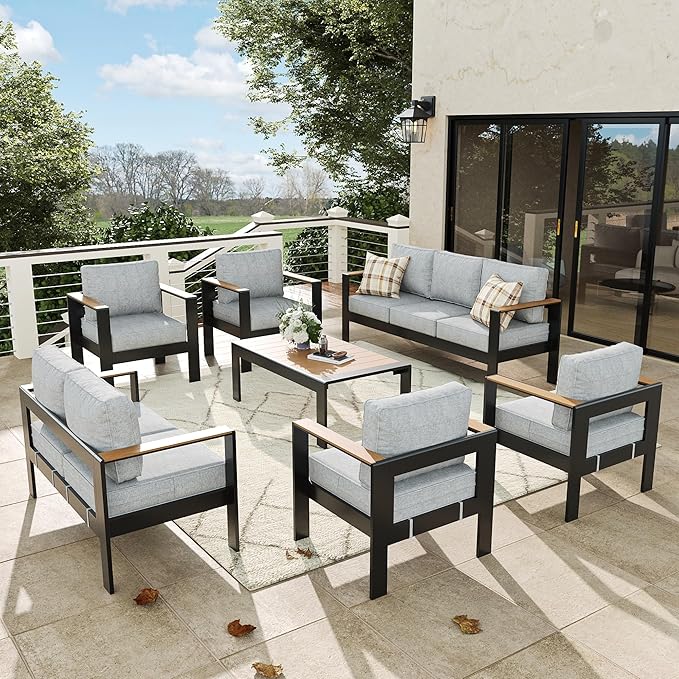 7 Pieces Aluminum Outdoor Patio Furniture Set with Coffee Table, Outside Metal Patio Conversation Sets with Deep Seating and Thick Cushions