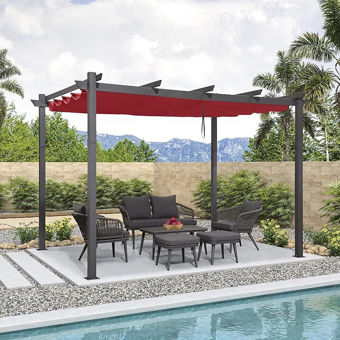 PURPLE LEAF 10' X 12' Outdoor Retractable Pergola with Sun Shade Canopy Patio Metal Shelter for Garden Porch Beach Pavilion Grill Gazebo Modern Yard Grape Trellis Pergola, Terra