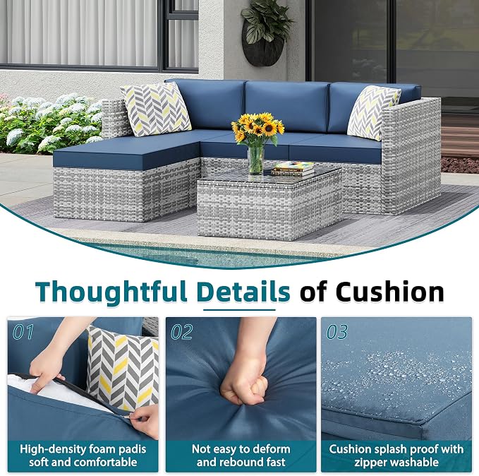 SUNLEI Patio Furniture Set with Detachable Soft Cushions, All Weather Outdoor PE Rattan Patio Conversation Sofa Set, Silver Rattan/Aegean Blue