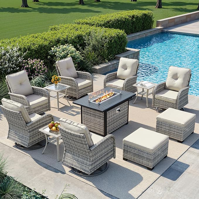 12-Piece Small Patio Furniture Set, Outdoor Swivel Rocking Chairs Set with 55,000 BTU Fire Pit Table Wicker Chairs and Ottomans, Patio Bistro Set for Balcony, Deck, Porch, Ivory