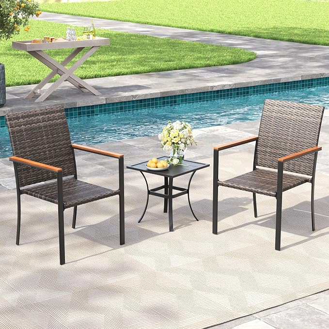 Patio Dining Set for 2, 18.1" Square Metal Patio Side Table and Stackable Wicker Patio Chairs, Outdoor Furniture Set for Porch Garden, Walnut Chairs, Black Table