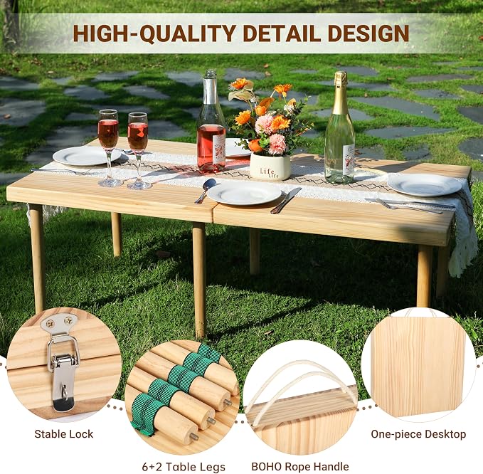 Boho Wooden Low Picnic Table, 60" x 30" Portable Foldable Beach Picnic Table for 6-8 People to Beach, BBQ, Camping, Party, Garden, Outdoor, Indoor (Extra Large)