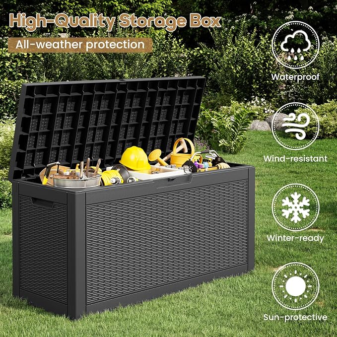 72 Gallon Outdoor Storage Box, Waterproof Resin Deck Box with Lockable Lid – Storage Cabinet for Patio Furniture, Pool Supplies, Garden Tools – Indoor & Outdoor Use
