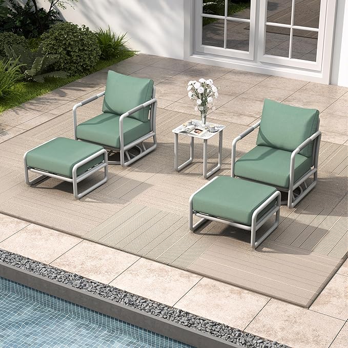 5-Piece Aluminum Outdoor Swivel Rocker Chair Set, 360° Swivel and Rocking Patio Chairs with 6.5-Inch Thick Cushions and Side Table, All-Weather Conversation Sofa for Backyard, Deck, Porch, Balcony