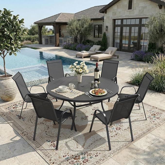 DIFY 7 Piece Outdoor Dining Set, 50" Black Round Metal Patio Table and Dark Grey Textilene Stackable Chairs for 6, All Weather Patio Furniture Set with Umbrella Hole for Backyard Garden Deck