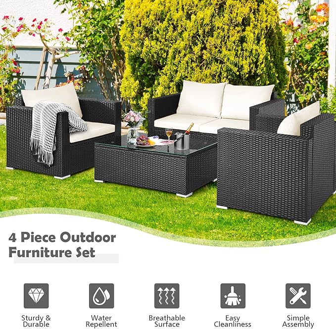 COSTWAY 4-Piece Patio Rattan Furniture Set, Cushioned Sofa Chair, Loveseat and Coffee Table with Tempered Glass Top, Outdoor Conversation Sets for Garden Poolside Balcony Porch (White)