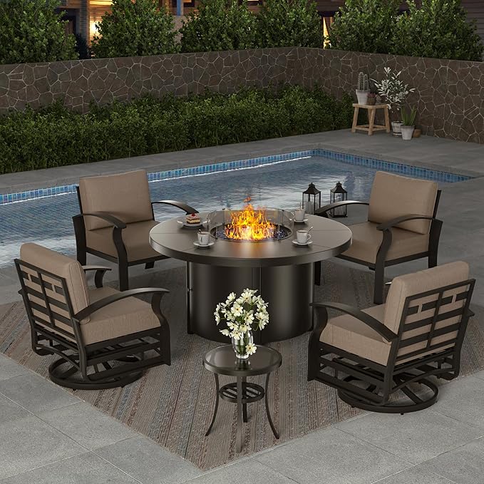 ALAULM Aluminum Patio Furniture Set with 40,000 BTU Round Propane Fire Pit Table 4-seat Metal Outdoor Furniture w/Swivel & Rocking Conversation Set for Patio, Lawn, Poolside（Sand