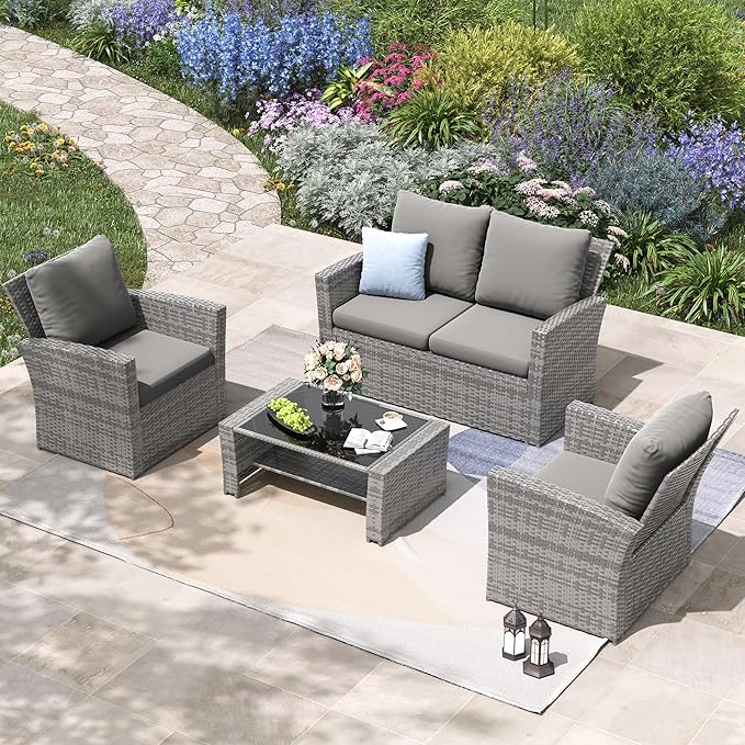 Amopatio 4 Piece Outdoor Wicker Patio Furniture Set, PE Rattan Sectional Sofa with Thick Cushions & Tempered Glass Table, Weather-Resistant Patio Conversation Sets for Balcony, Backyard, Grey