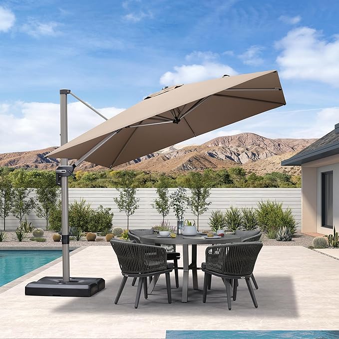 PURPLE LEAF 9’ X 9‘ Patio Umbrella Outdoor Cantilever Umbrella, Aluminum Offset Umbrella with Champagne Frame and 360° Rotation for Pool Deck Garden, Taupe