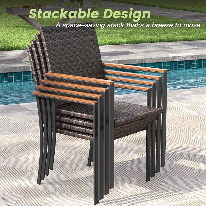 Round Patio Dining Set for 10, Outdoor Furniture Set of 63 Round Metal Table with Umbrella Hole and Stackable Wicker Patio Chairs for Backyard Lawn Garden, Walnut Chairs, Walnut Table
