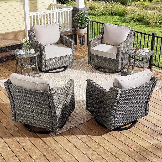 Luxury Patio Furniture Chairs Set - 6 Pieces All Weather Wicker Outdoor Couch and High Back Swivel Rocker Patio Chairs with Side Table for Deck Yard and Poolside Gray Wicker | Beige Cushions