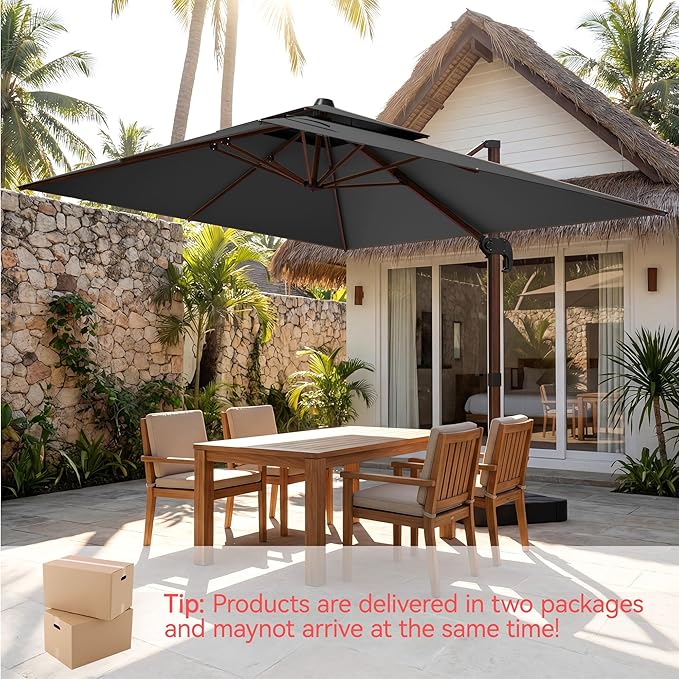 10x13 FT Wood Pattern Patio Umbrella with Base, Large Deluxe Cantilever Rectangular Double Top Heavy Duty Offset Umbrellas with 360° Rotation, Outdoor shade for Garden Pool Patio, Grey