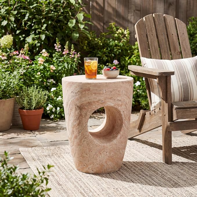 Christopher Knight Home Aria 18.5" H Outdoor Side Table, Round End Table with Hollow Design, Small Accent Table for Indoor/Outdoor, Minimalist Coffee Table for Patio Balcony, Beige+Natural