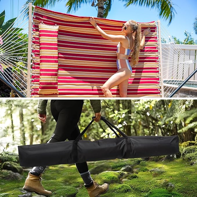 SUNCREAT Outdoor Double Hammock with Stand, Extra Large Hammock with Stand, Extra Large Zippered Hammock Bag