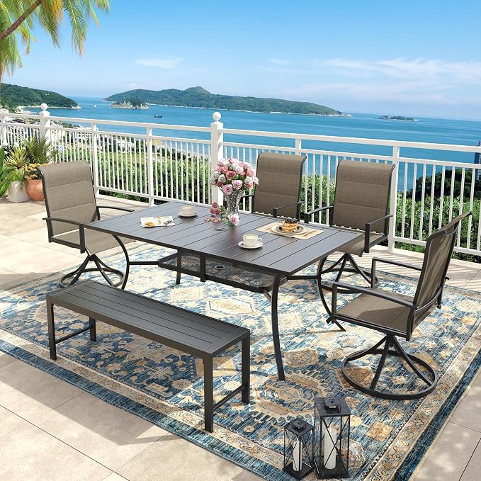 6 Pieces Outdoor Dining Set, Patio Table and Chairs Set with 51" Garden Bench for 6-7 People, 59.2" Outdoor Dining Table and Padded Swivel Patio Chairs for Deck Backyard, Mixed Brown and Black