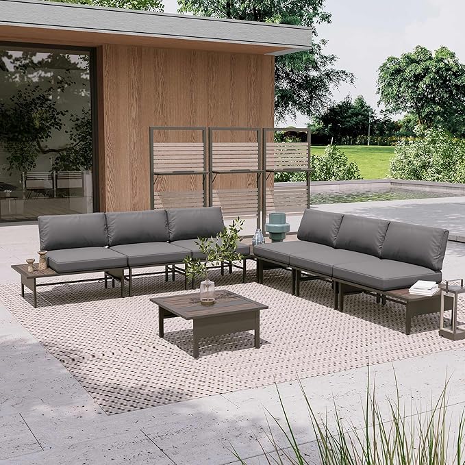 LAUSAINT HOME 8 Pieces Patio Furniture Set, Outdoor Metal Frame Patio Conversation Sets with Coffee Table & Thick Cushions for Garden, Poolside, Backyard(Grey)