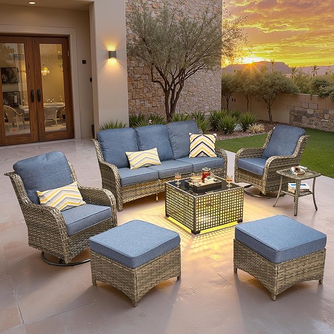 ovios 7-Piece Patio Furniture Set with Swivel Chairs Coffee Table, Outdoor Wicker Sofa with Comfy Cushions, High Back Couch Modern Conversation Sets, Grey/Denim Blue