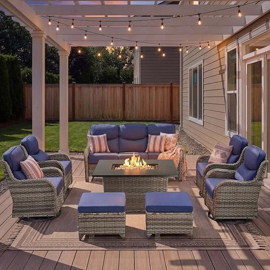 Luxury Patio Furniture Set with Fire Pit Table-8 Pieces All Weather Outdoor Swivel Rocker Chairs with Sofa and Ottomans. Outdoors Patio Conversation Sets for Porch Deck Garden Backyard(Grey/Blue)