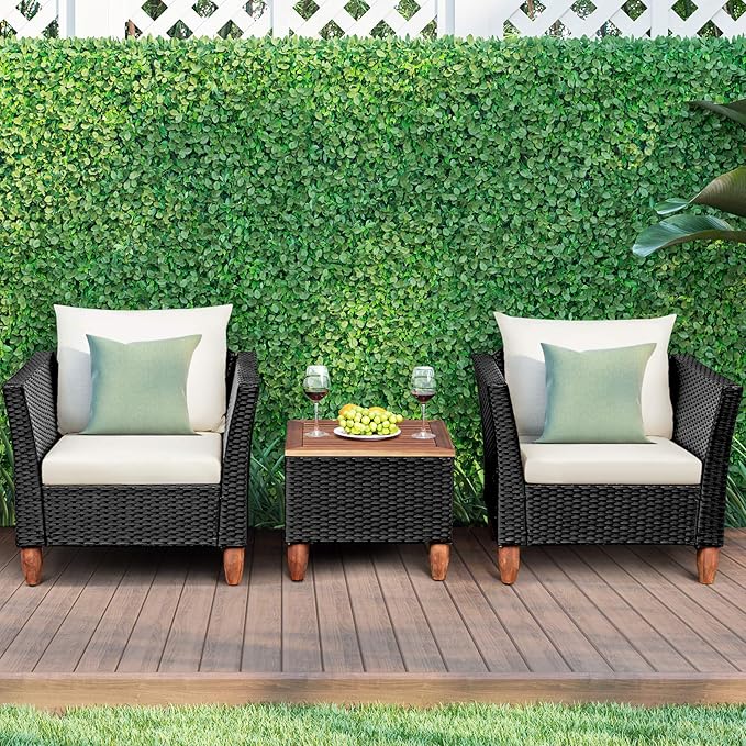 COSTWAY 3 Pieces Patio Rattan Furniture Set, Outdoor Wicker Conversation Chairs Set with Acacia Wood Coffee Table & Washable Cushion, Porch Furniture Bistro Set for Balcony, Garden, Backyard, White