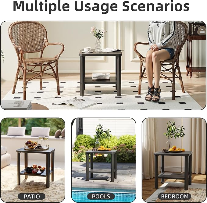 Side Table, Premium & Durable Outdoor Side Table, Resin Patio Side Table with Waterproof Design for Patio, Backyard, Pool, Porch (Black)
