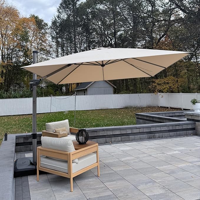 PURPLE LEAF 10FT Patio Umbrella with Base Cantilever Umbrella Square Outdoor Offset Umbrella with Champagne Frame and 360° Rotation for Garden Deck Pool, Beige
