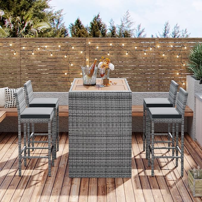 WILLIAMSPACE Patio Bar Table Set of 5, Outdoor Wicker Height Bar Table & 4 Chairs with Cushions & Wood Tabletop, Bistro Set for Backyards Porches (Brown+Grey)