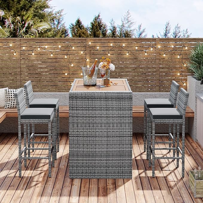 5-Pieces Outdoor Patio Wicker Bar Set,5-Piece Outdoor Patio Dining Set,Bar Height Chairs with Non-Slip Feet and Fixed Rope, Removable Cushion, Acacia Wood Table Top