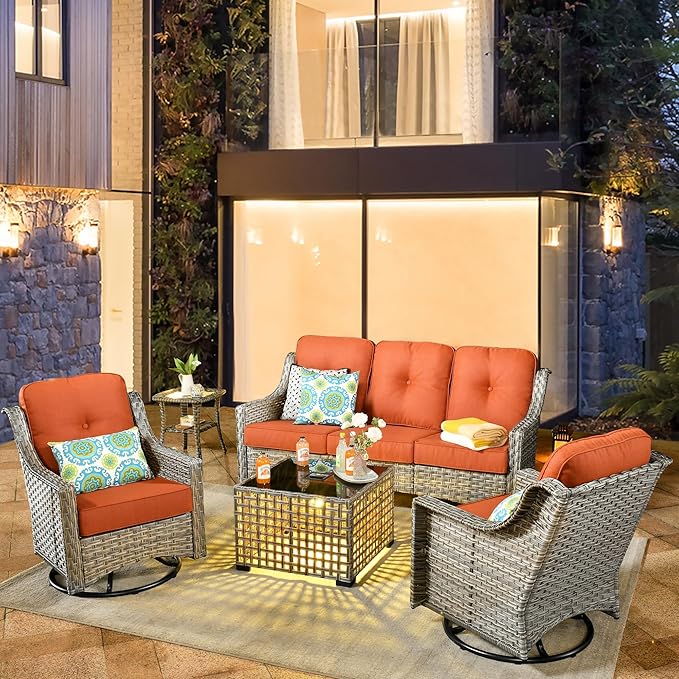 HOOOWOOO Patio Furniture Set,5 Pieces Wicker Outdoor Furniture,High Back Conversation Set with All Weather Resistant Solar Light Table Couch Swivel Chairs,Orange Red