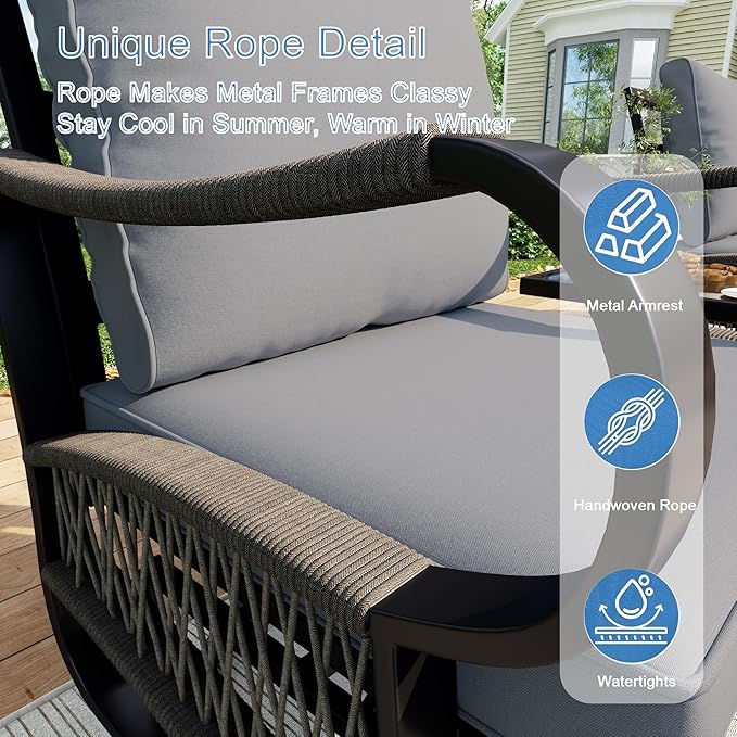 4 Pieces Patio Furniture Set, Metal Outdoor Conversation Sets with Fire Pit Table for Backyard Garden Deck Porch Poolside (Thick Gray Cushions)