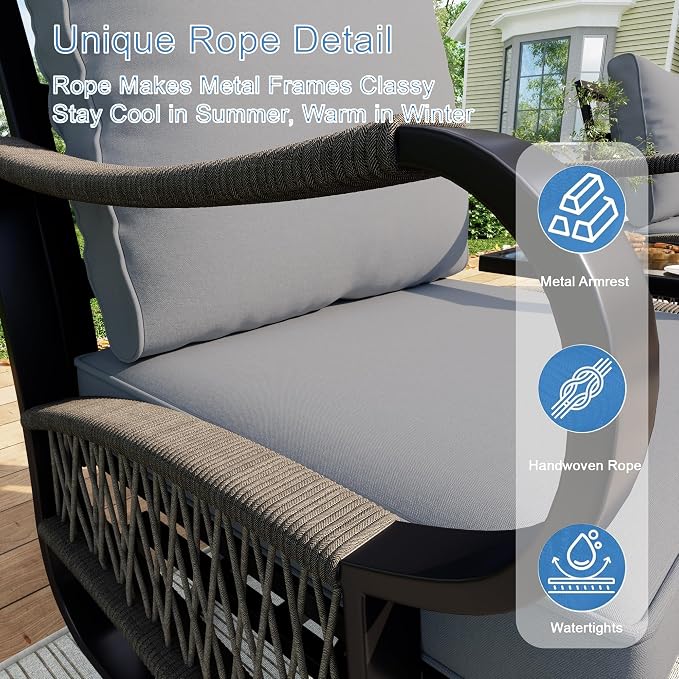 12 Pieces Patio Furniture Set, Metal Outdoor Conversation Sets with Fire Pit Table and Swivel Chairs for Backyard Garden Deck Porch Poolside (Thick Gray Cushions)