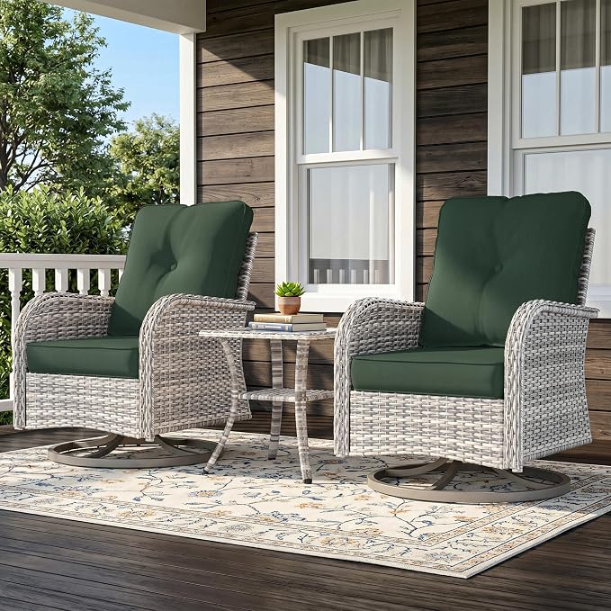 3-Piece Small Patio Furniture Set, Outdoor Swivel Rocking Chairs Set with Wicker Chairs and Tempered Glass Side Table, Outdoor Furniture Patio Bistro Set for Balcony, Deck, Porch