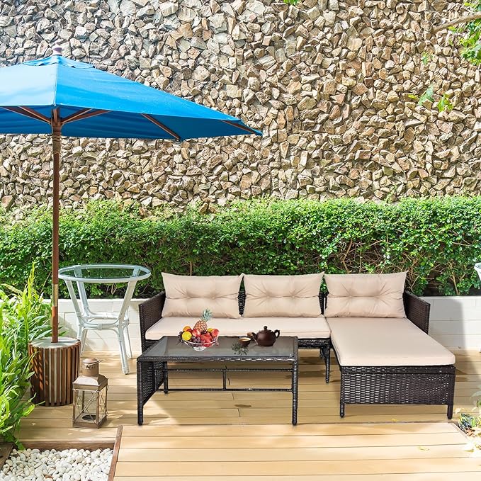 JHshop 3 Pieces PE Rattan Wicker Chairs with Table Outdoor Furniture for Backyard, Outdoor Furniture Set Patio Conversation Loveseat Sofa Sectional Couch,Balcony Sofa Set with Table for Outside Porch