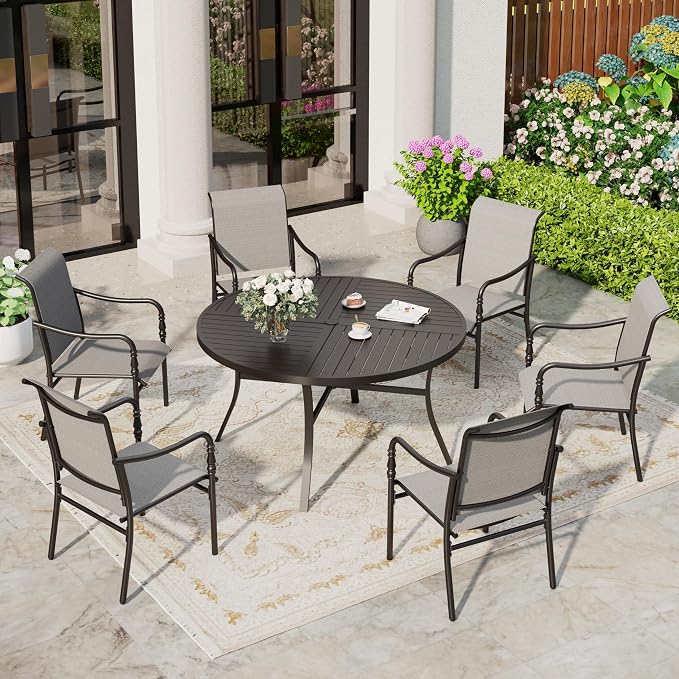 SUNSHINE VALLEY Patio Table and Chairs Set of 6, All-Weather Breathable Textilene Patio Chair with Gourd-Shaped Armrests, 54x54 Round Table with Umbrella Hole, 7 Pcs Metal Frame Patio Dining Set