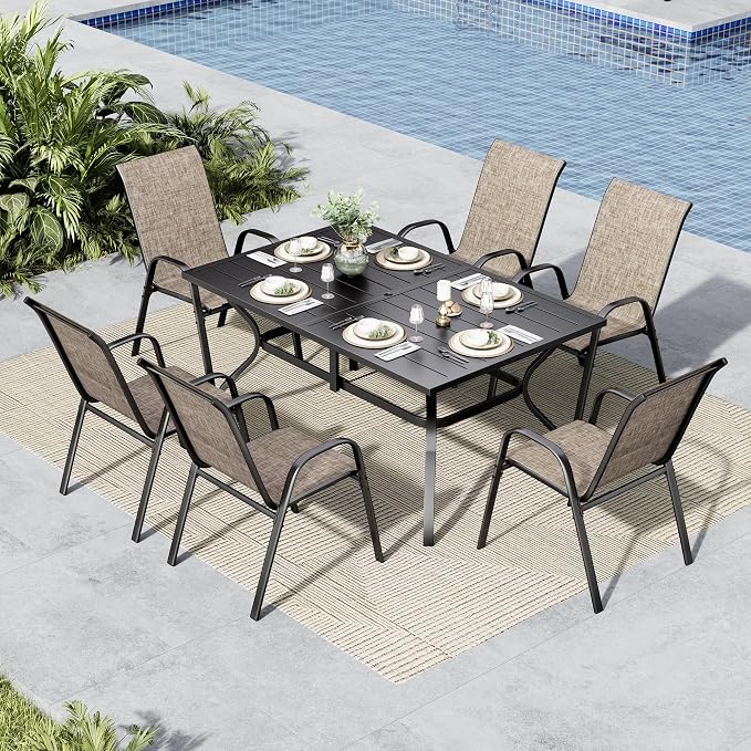 MFSTUDIO Patio Table and Chairs Set of 6, Outdoor Dining Set with Umbrella Hole, 7 Piece Patio Furniture Dining Set with Stackable Chairs