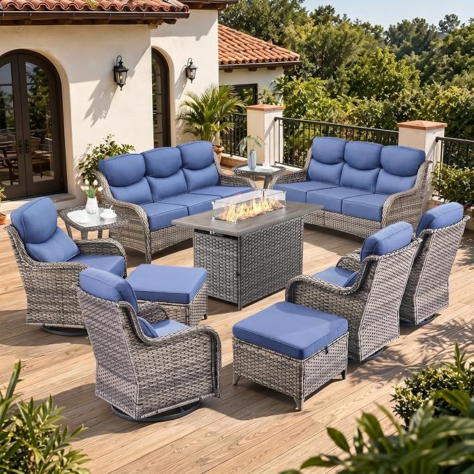 Luxury 6" Thick Cushion 11 Pieces Wicker Patio Furniture Set with 41”Fire Table, Outdoor Conversation Set with Swivel Rocker Chairs Set of 4 and Patio Couch for Deck Porch Yard and Poolside