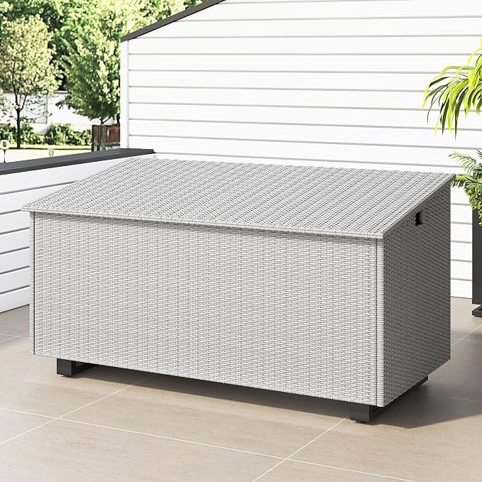 Lepus Large Outdoor Waterfroof Deck Box, 210 Gallon Rattan Deck Storage Box with Built-in Waterproof Bag for Seat Cushion on Patio Garden, Poolside (210, Grey)