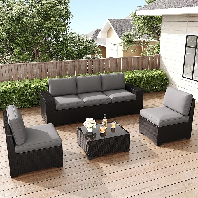 LayinSun 6 Pieces Patio Furniture Set, Black Rattan Modular Sectional Outdoor Conversation Sofa Set