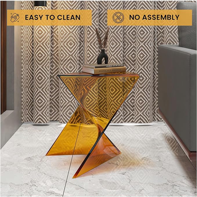 LeisureMod 15.75" Triangular Side Table, Stackable Plastic Accent End Table for Indoor & Outdoor Use, Weather-Resistant Modern Patio & Living Room Table, Set of 4, Tea (Transparent)