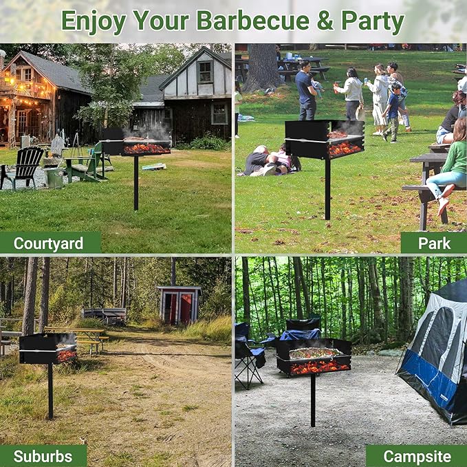Park Grills, 384 Sq. In, Park Style Charcoal Grill, Heavy Duty In Ground Park Grill with Stainless Steel Cooking Grate and Cover for Commercial and Outdoor Cooking 25.5'' L x 17'' W x 11'' H