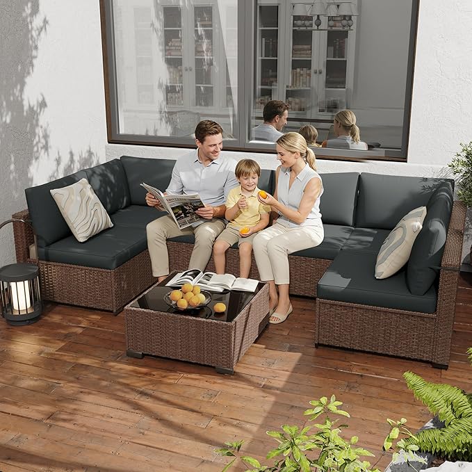 KIGOTY Patio Furniture Set,7 Pieces Modular Outdoor Sectional Sofa, PE Rattan Patio Conversation Set, All Weather Wicker Patio Furniture with Cushions and Coffee Table（Brown/Dark Grey）