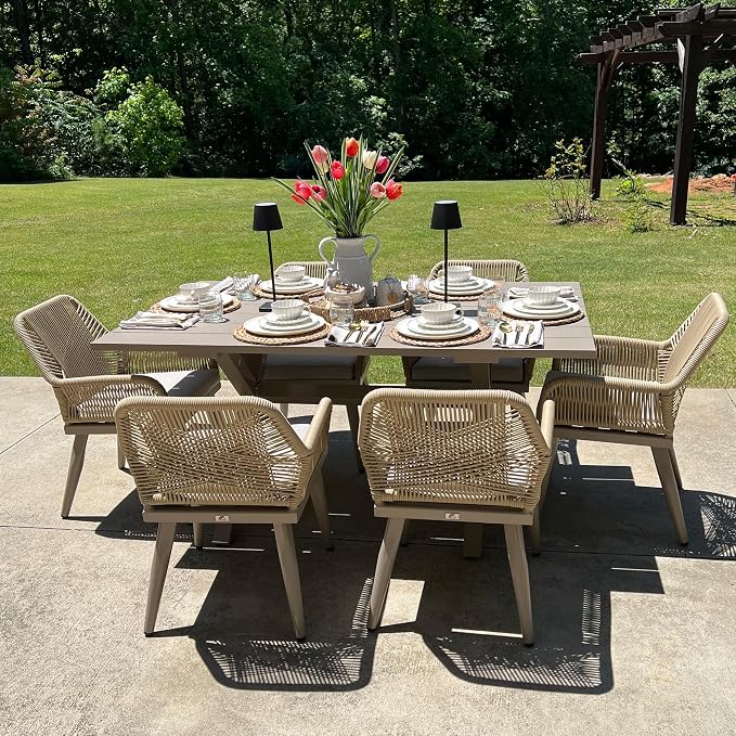 PURPLE LEAF 7 Pieces Outdoor Dining Set All-Weather PE Rattan Outdoor Patio Furniture Set with All Aluminum Frame Rectangular Table and Chairs Set for Lawn Garden Backyard Deck, Champagne
