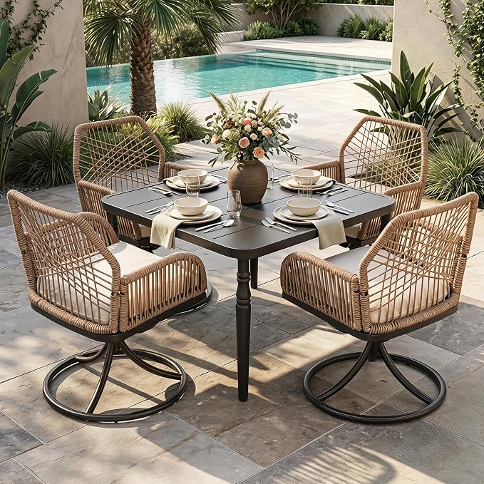 NUU GARDEN 5-Piece Patio Dining Set, Slatted Table with Umbrella Hole, 4 Swivel Chairs with Beige Cushions, Handwoven Double-Layer Twisted Rattan, Powder-Coated Metal Frame, Brown and Black